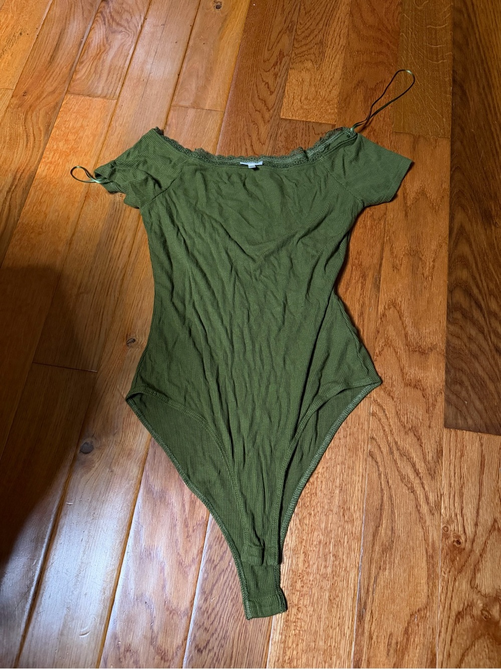 Off-Shoulder Olive Green Ribbed Bodysuit
